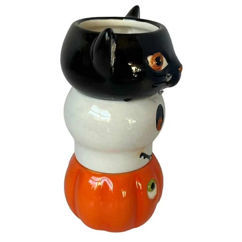 Hallmark Spooky Tea Light Candle Holder Set Cat Pumpkin Skull Figural Halloween